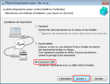 Sélection de [Connexion USB] pour installer - Canon - Windows Pilote d' imprimante UFR II/UFRII LT - Guide d'installation