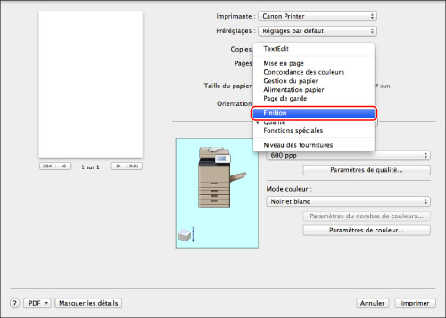 S lection de pr r glages pour l impression Mac OS Canon