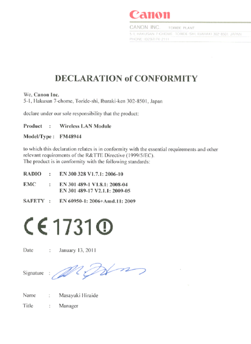 Wireless LAN Regulatory Information - Canon - imageRUNNER 1133iF