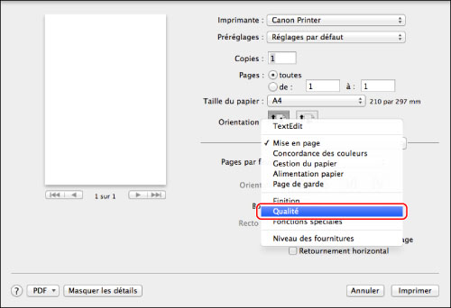 S lection de pr r glages pour l impression Mac OS Canon